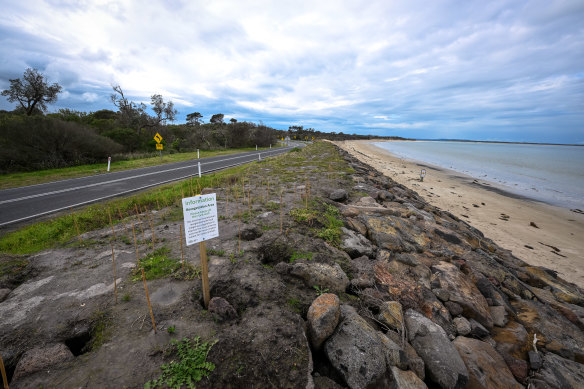 Rock defences on the beach to protect Bunurong Road. 