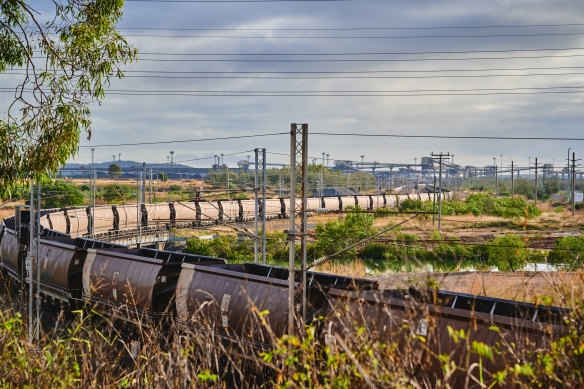 A coal train snaking out of the Gladstone port. 