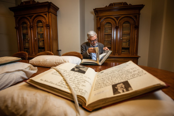 Former ALP president and federal minister Barry Jones peruses his collection at the State Library of Victoria.