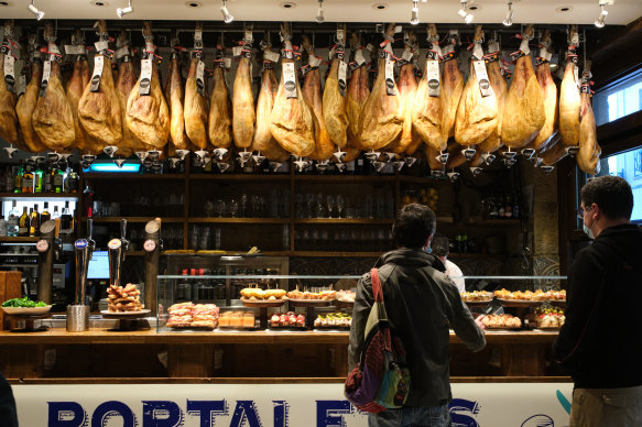 Jamones de Jabugo on the counter of a bar in San Sebastian, Basque Country, Spain.

