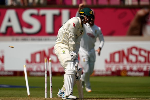 Australia’s Nic Maddinson is bowled on day one.