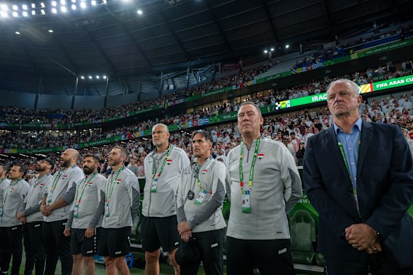 Graham Arnold and his Iraqi coaching staff, including Zeljko Kalac (sixth from left), Rob Stanton and Rene Meulensteen.