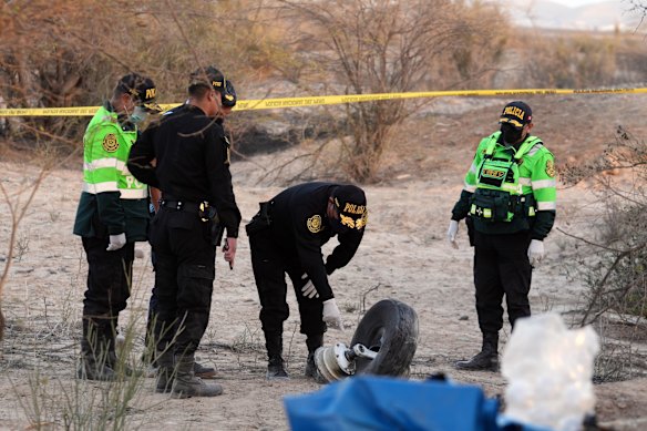 Police inspect the wreckage of the Cessna aircraft.