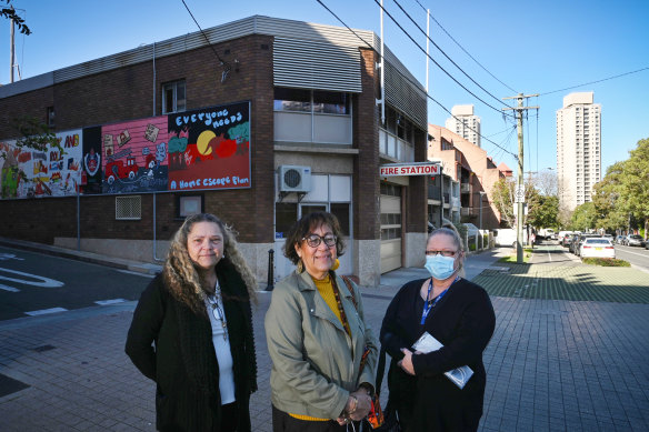 Nita Lyons, left, Aunty Norma Ingram and Narelle Lyons fear the loss of Redfern fire station. 