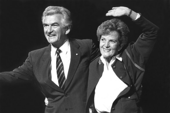 Prime Minister Bob Hawke with wife Hazel at the Labor Party campaign launch and policy speech at the Sydney Opera House, 23 June 1987.