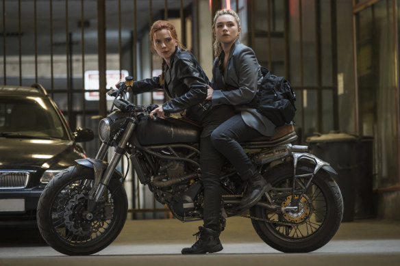 Scarlett Johansson as Black Widow/Natasha Romanoff (left) and Florence Pugh as Yelena in Black Widow.