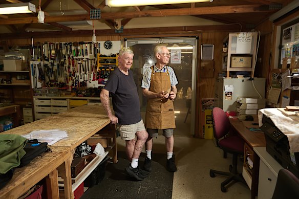 Peter Black and Peter Charlton, president of the Waverley Community Men’s Shed, which is facing eviction from its site to make way for a new aged care and seniors living development.