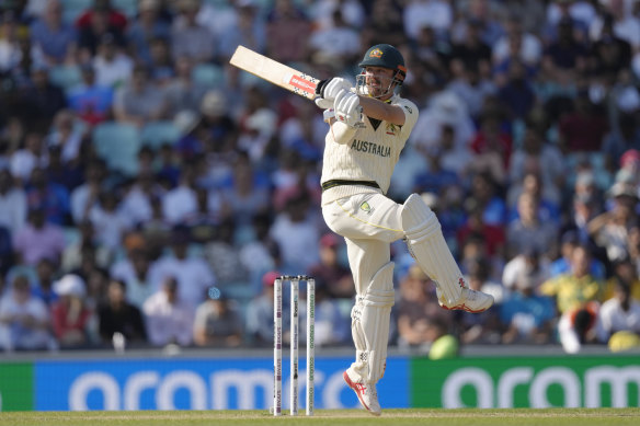 Australia’s Travis Head hits a six on the third day of the ICC World Test Championship Final against India.