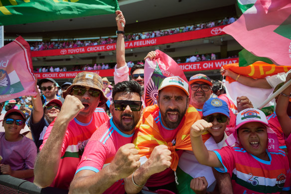 India supporters Daman Singh and Ajay Sindha among friends at the SCG. 
