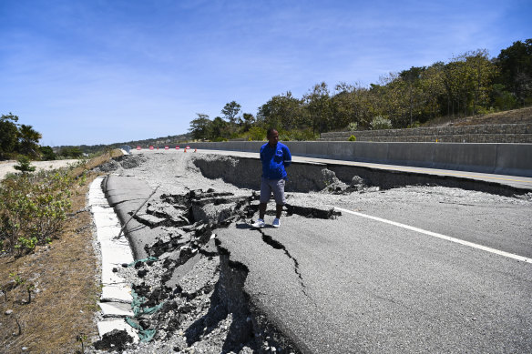 A severely damaged section of the Suai-Fatucai expressway built by Covec-CRFG (joint venture between China Overseas Engineering Group Co. and China Railway First Group Co.)