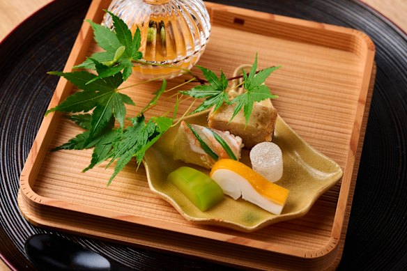 One of Tomo-An’s kaiseki courses, served with chilled sake.