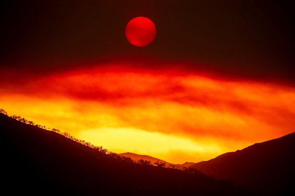 Smoke from the Gifford Fire fills the sky as the sun sets over Los Padres National Forest, California.