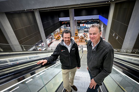 Metro Tunnel project director Ben Ryan (left) and inaugural chief executive Evan Tattersall at State Library station.