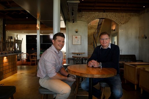 Charlie Laundy (left) with his father Craig Laundy in the Woolwich Pier Hotel. They are keen to reopen in October.
