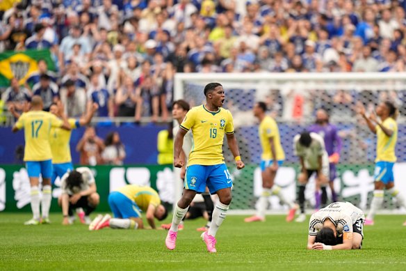 Brazil’s Endrick celebrates after full-time.
