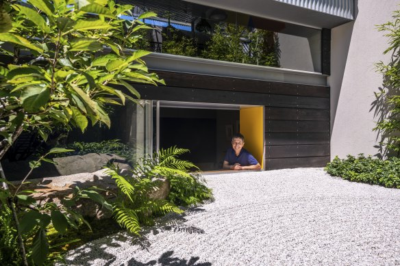 David Langston-Jones looks out over his zen garden. 