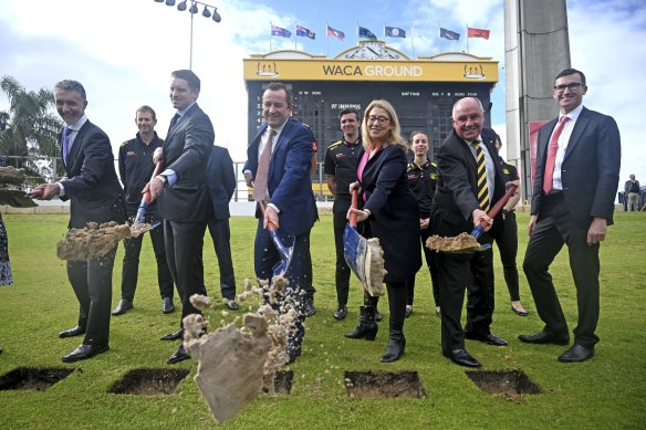 Politicians including Mark McGowan and WACA officials turn the sod for the historic cricket ground’s redevelopment.