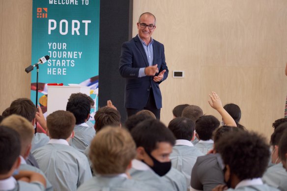 Education Minister James Merlino at Port Melbourne Secondary College on Monday.