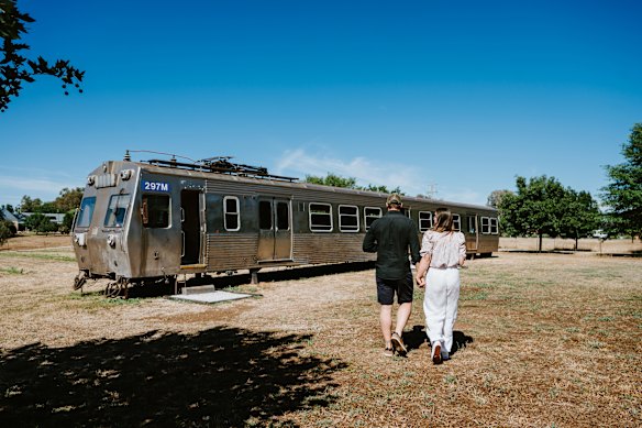 A restored train carriage provides seating.