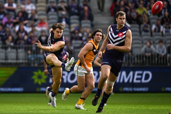 Caleb Serong, pictured kicking the ball, was a stand-out. 