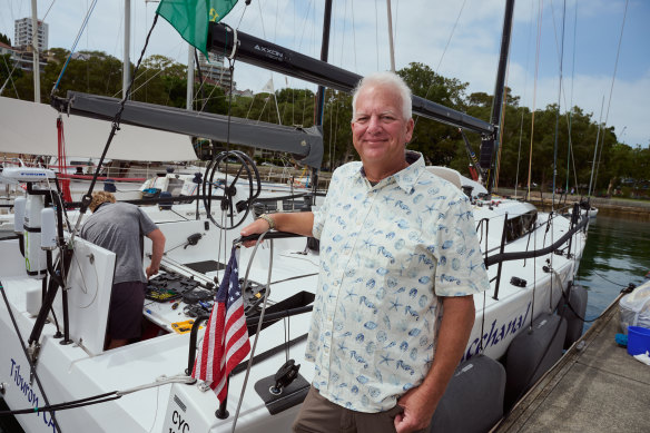 Skipper Ron Epstein next to his boat Bacchanal, before the Sydney to Hobart.