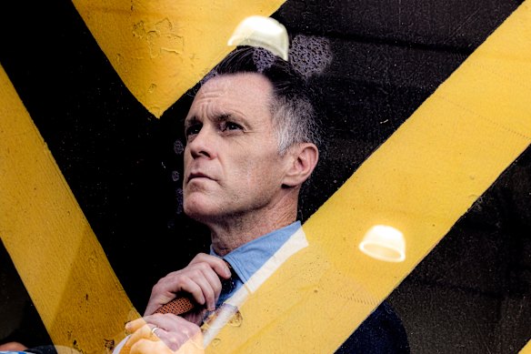 NSW Premier Chris Minns, seen in an in-camera multiple exposure image at the Inner West Council Works Depot on Wednesday.