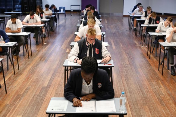 Year 12 students sit the HSC at Penola Catholic College in Emu Plains on Tuesday.
