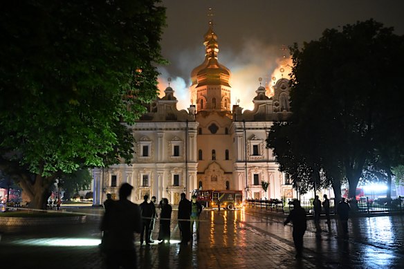 The roof of the Dormition Cathedral of the Kyiv-Pechersk Lavra burns after the Russian strike.
