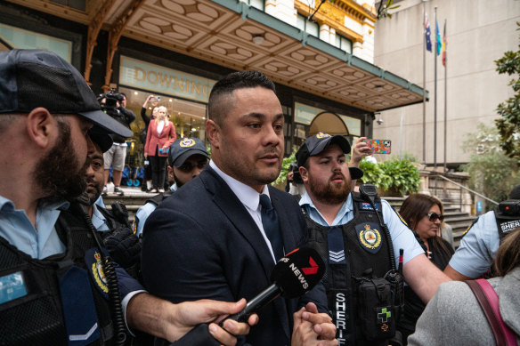 Jarryd Hayne leaves court after his bail was continued ahead of his sentence for sexual assault.