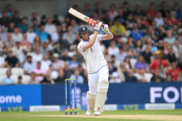 Zak Crawley hits out during his 189 at Old Trafford on Thursday.