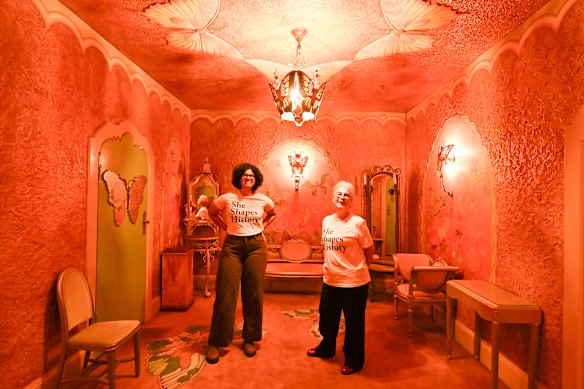 Sita Sargeant and Kathryn Bendal from She Shapes History walking tours in the State Theatre’s Women’s Butterfly room, which leads to the female toilets.