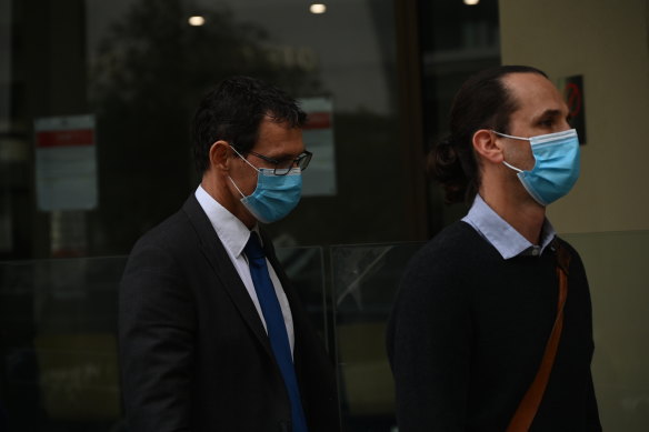 Dr William Hollaway, left, leaves the coronial inquest into Aishwarya Aswath’s death on Monday.