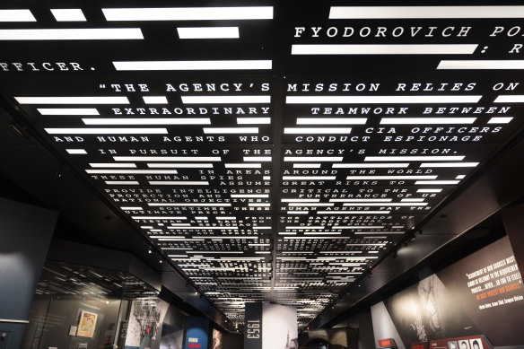 Codes adorn a ceiling in the Central Intelligence Agency’s refurbished museum.