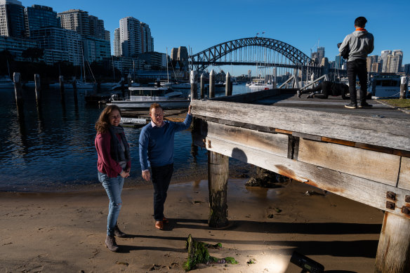 Councillor Kathy Brodie and swimmer David Livermore support a harbourside pool at Lavender Bay.