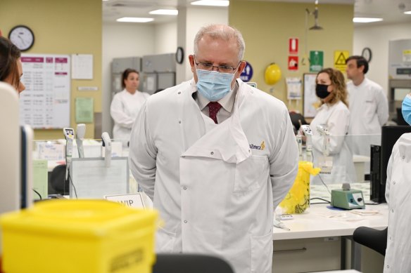 Then-prime minister Scott Morrison at an AstraZeneca laboratory in 2020.