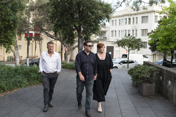 Former transport minister Andrew Constance, outgoing Penrith MP Stuart Ayres, and his partner, federal senator Marise Payne, arrive at the Liberal Party function on Sunday.