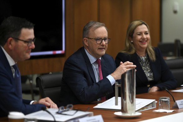 Prime Minister Anthony Albanese (centre), Queensland Premier Annastacia Palaszczuk and Victorian Premier Daniel Andrews during a national cabinet meeting on Friday.