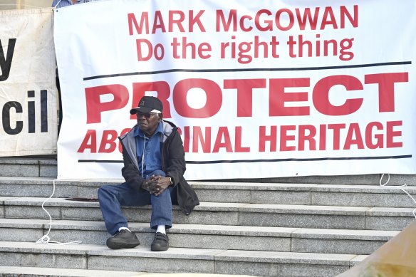 Bardi Jawi elder Frank Davey at a Kimberley Land Council protest on the steps of parliament house in June.