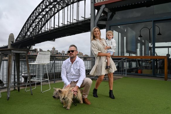 Dan and Amalie Knox with their son Darcy and “scout” the dog at Pier One which they are having a staycation.
