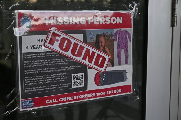 A found sticker is slapped across a missing person sign for Cleo Smith at the front of the Carnarvon police station.