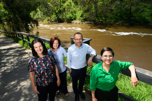 Victorian Greens MP Ellen Sandell (left), Yarra riverkeeper Charlotte Sterrett, federal Greens MP Adam Bandt and Richmond hopeful Gabrielle de Vietri.