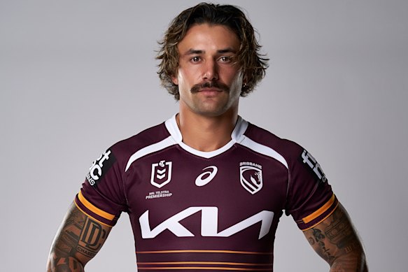 Jesse Arthars models the new Brisbane Broncos jersey for season 2026.