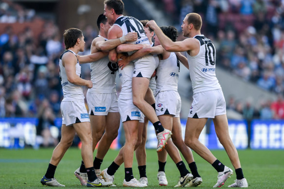 Matthew Cottrell of the Blues celebrates a goal.