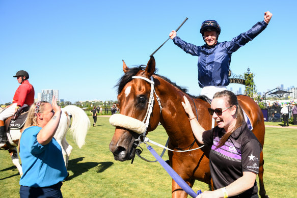 James McDonald celebrates after winning the 2022 Lightning Stakes on Home Affairs at Flemington.