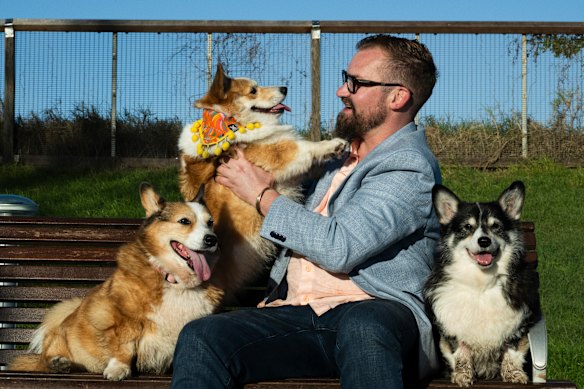 Dr Sam Kovac with his three corgis, (left to right) Bonnie, Maddie and Clara-Belle.