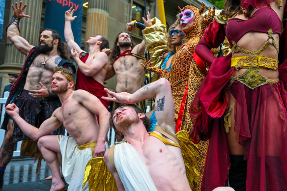 Front row: Thomas Gorham (left) and Liam Dummer (GODZ); Standing (from left) Ed Gamester (Mythos Ragnarok), Jordan Twartz and Callan Harris (GODZ), Kween Kong (Club Fringe: Klub Kong), Themme Fatale (Le Freak) and Tayla Lemon (Matador).