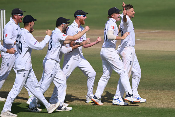 England celebrate during their remarkable first Test win in India.