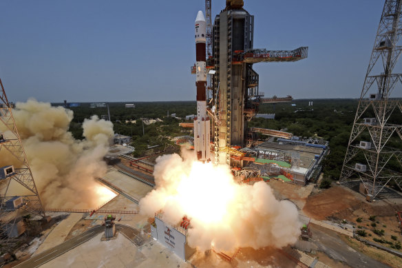 This image provided by the ISRO shows the Aditya-L1 spacecraft lifts off on board a satellite launch vehicle from the space centre in Sriharikota, India on Saturday.