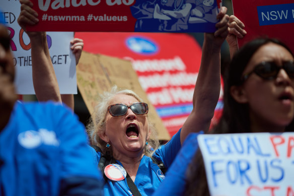 Nurses protest outside NSW Parliament in Sydney.