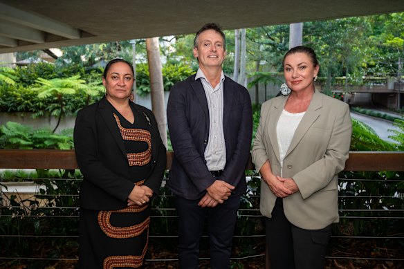 Left to right: Aboriginal and Torres Strait Islander Social Justice Commissioner Katie Kiss, Queensland Human Rights Commissioner Scott McDougall, and Queensland Family and Child Commissioner Natalie Lewis. 